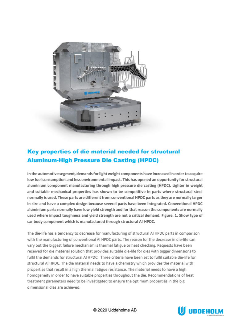 New technical article: Key properties of die material needed for structural Aluminum-High Pressure Die Casting (HPDC)