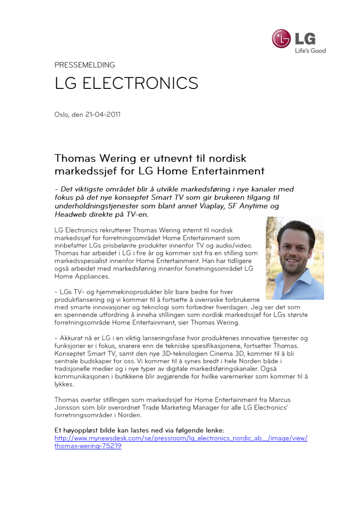 Thomas Wering er utnevnt til nordisk markedssjef for LG Home Entertainment