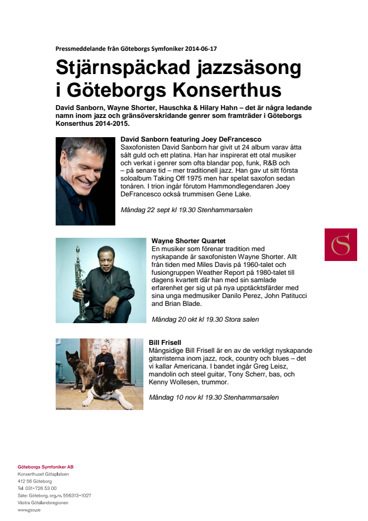 Stjärnspäckad jazzsäsong i Göteborgs Konserthus