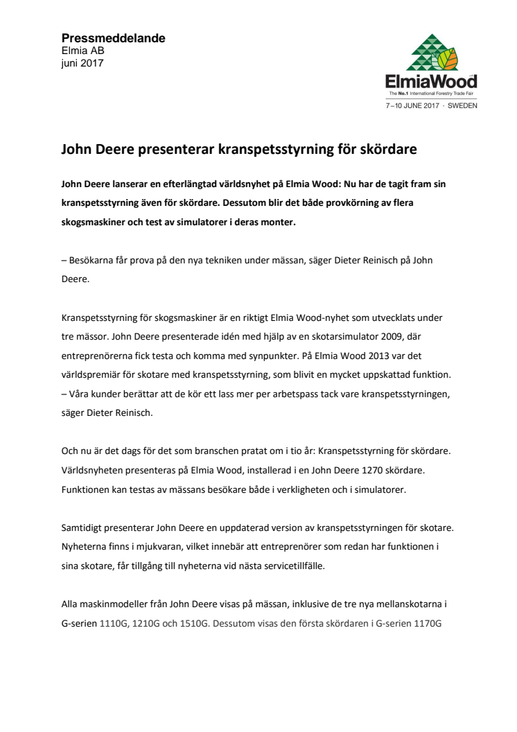 John Deere presenterar kranspetsstyrning för skördare
