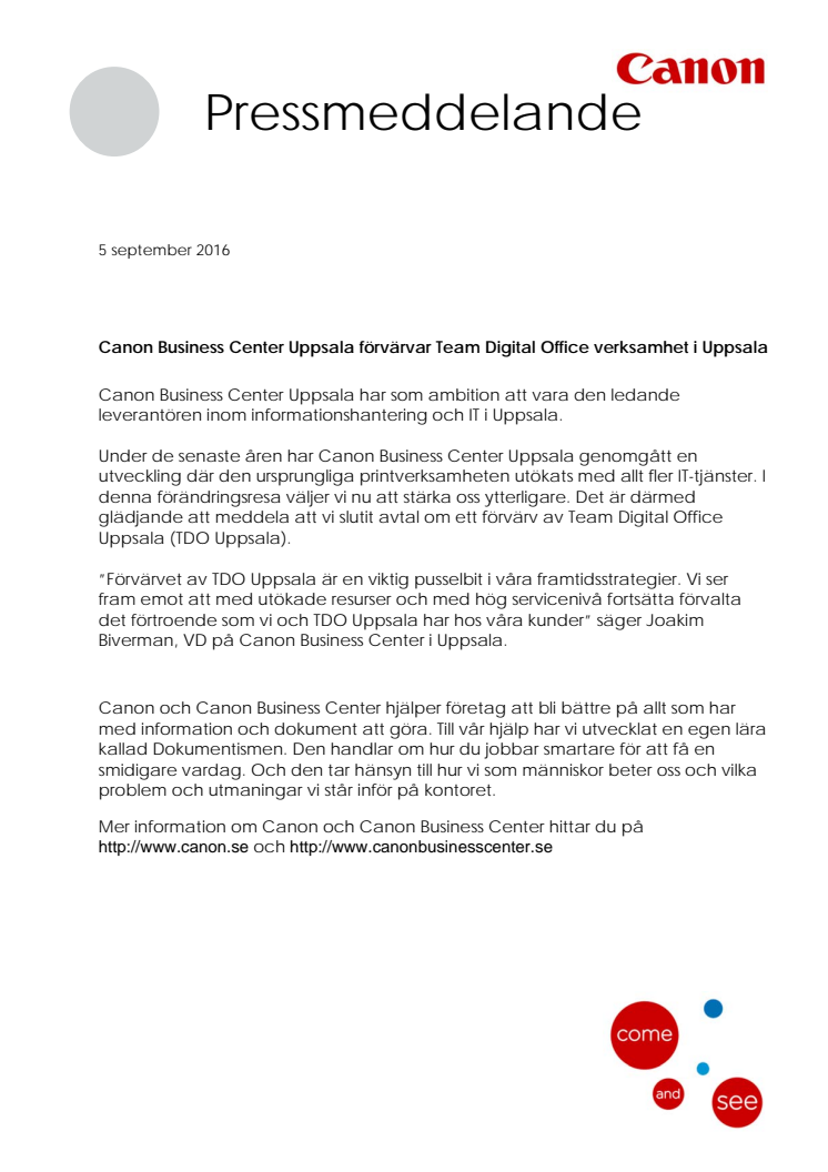 Canon Business Center Uppsala förvärvar Team Digital Office verksamhet i Uppsala
