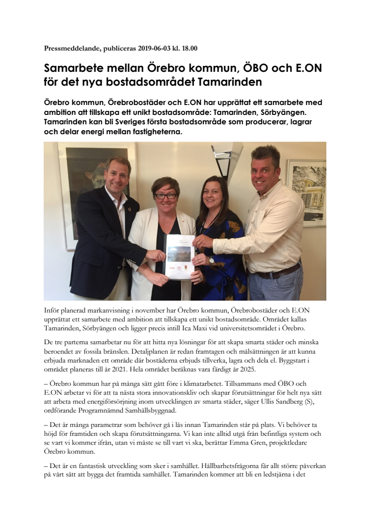 Samarbete mellan Örebro kommun, ÖBO och E.ON för det nya bostadsområdet Tamarinden 
