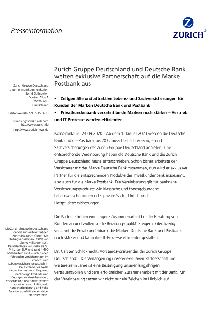 Zurich Gruppe Deutschland und Deutsche Bank weiten exklusive Partnerschaft auf die Marke Postbank aus 
