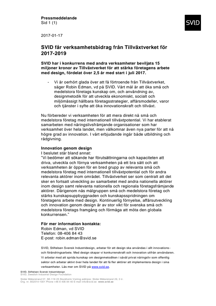 SVID får verksamhetsbidrag från Tillväxtverket för 2017-2019