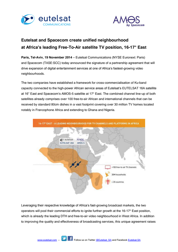 Eutelsat and Spacecom create unified neighbourhood  at 16-17° East