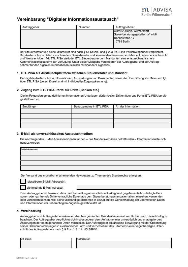 ADVISA - Vereinbarung zum digitalen Informationsaustausch