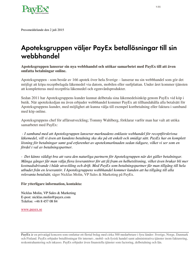 ​Apoteksgruppen väljer PayEx betallösningar till sin webbhandel