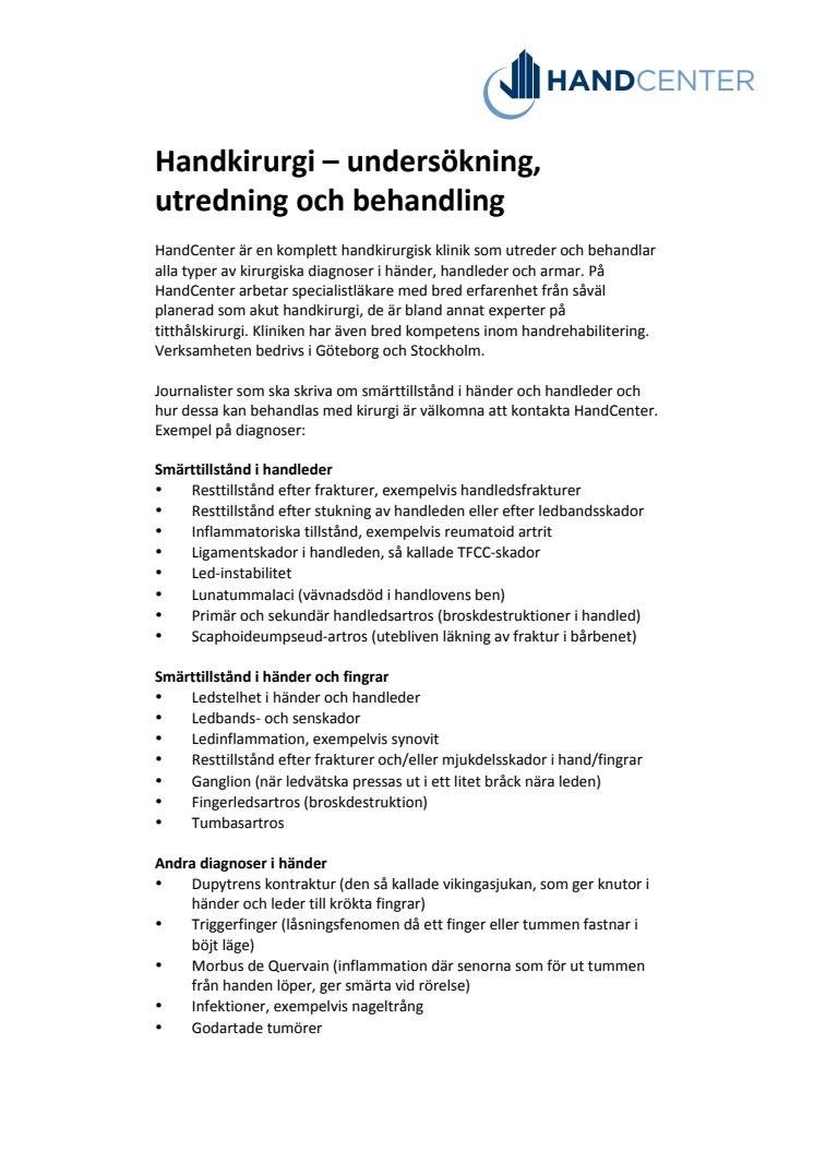 Handkirurgi – undersökning, utredning och behandling