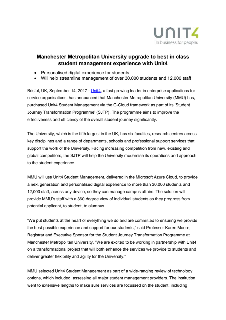 Manchester Metropolitan University moderniserar studenthanteringen med Unit4 Student Management 