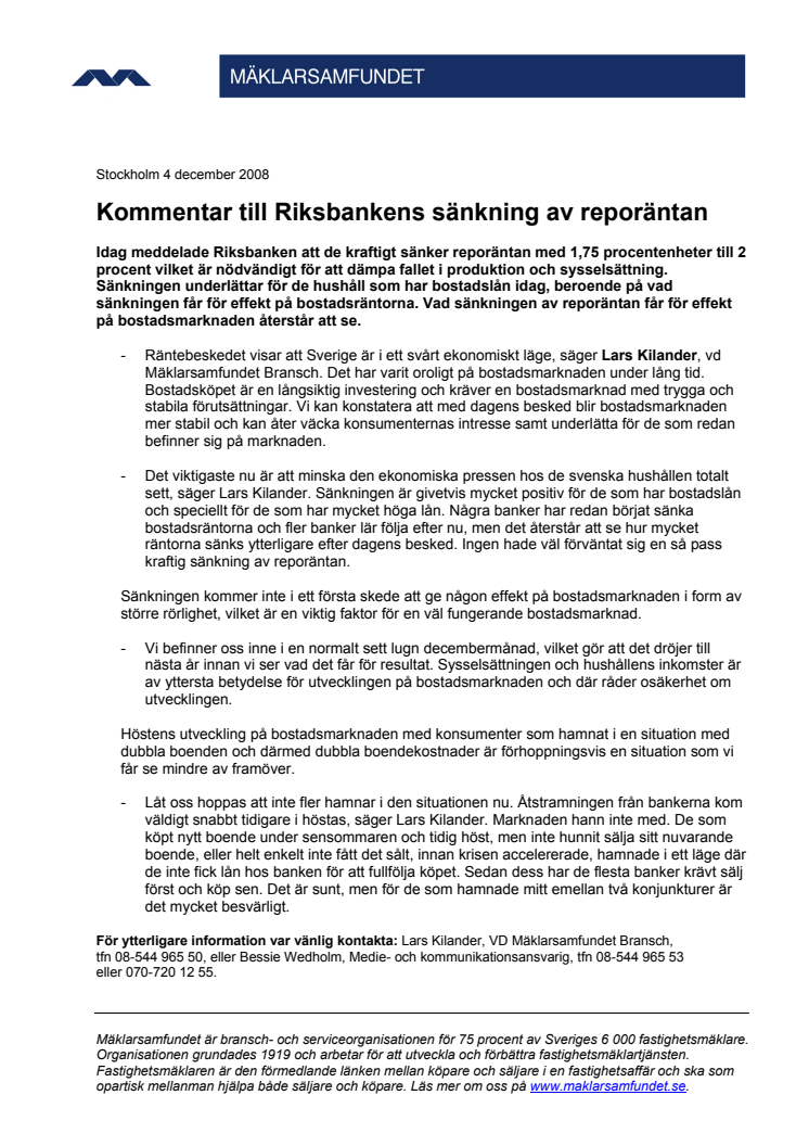 Kommentar till Riksbankens sänkning av reporäntan