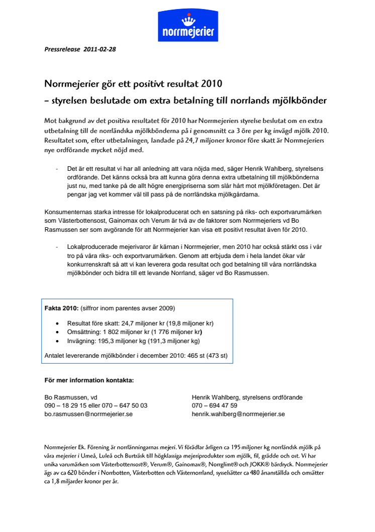 Norrmejerier gör ett positivt resultat 2010 - extra betalning till Norrlands mjölkbönder