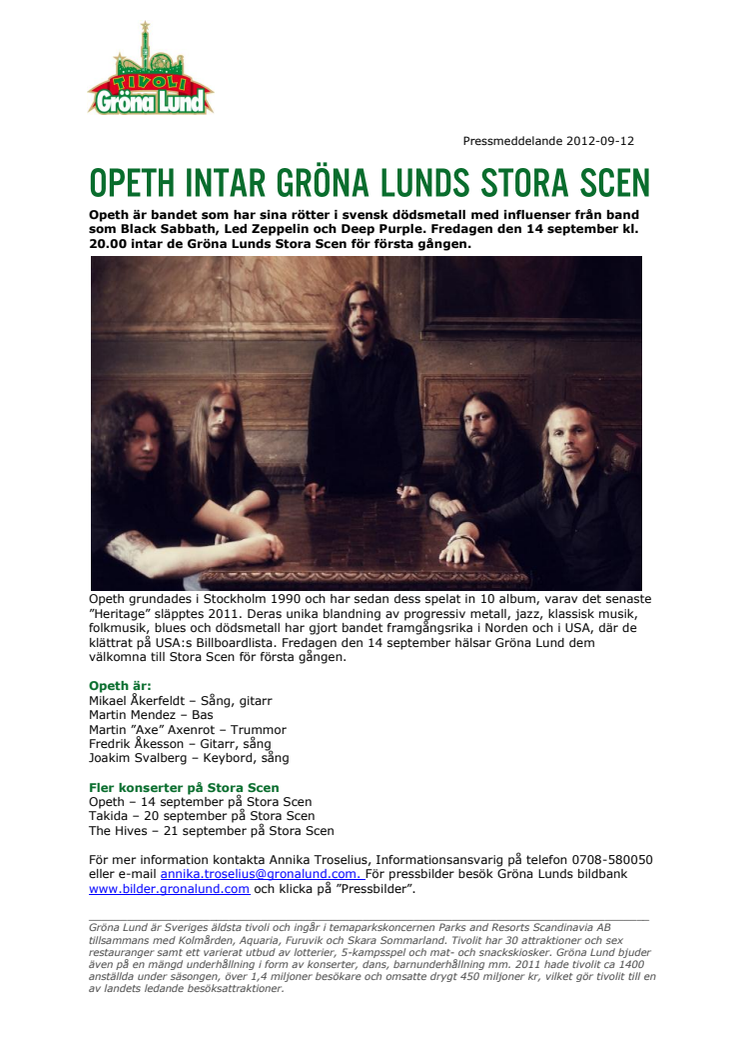Opeth intar Gröna Lunds Stora Scen