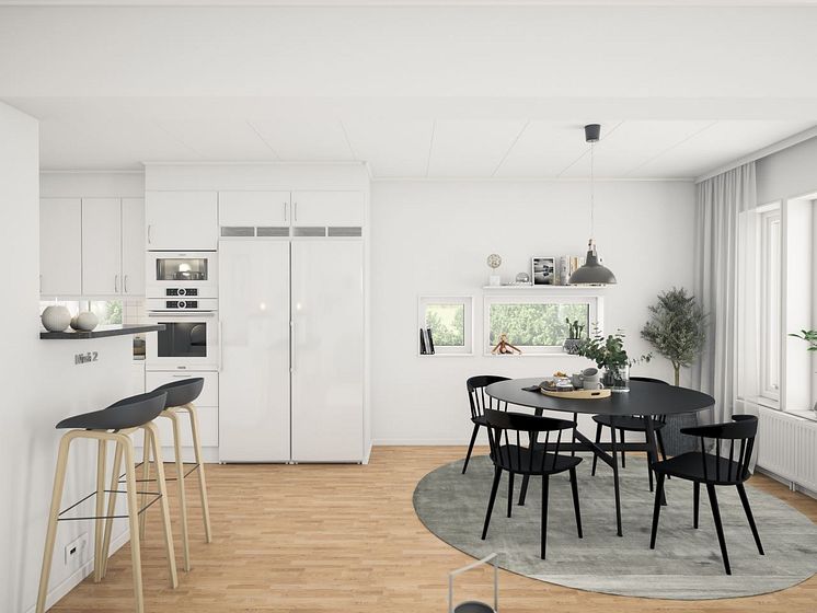 Brf Åsumtorp - 3D-bild av kök och matplats