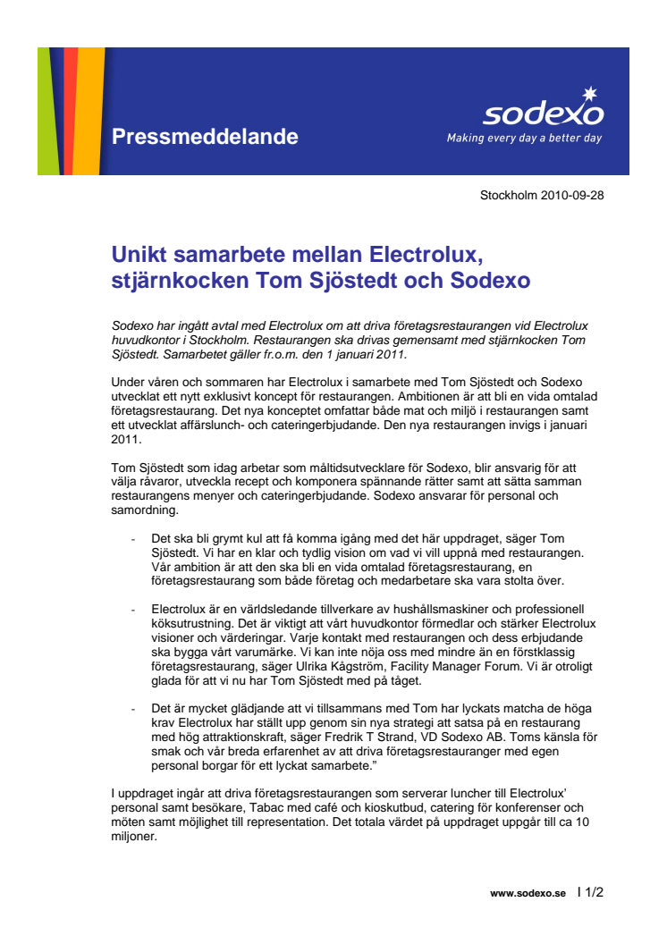Unikt samarbete mellan Electrolux, stjärnkocken Tom Sjöstedt och Sodexo