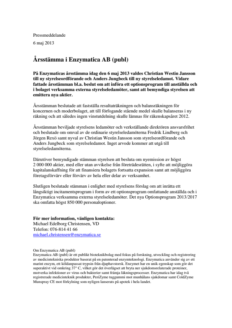 Årsstämma i Enzymatica AB (publ)