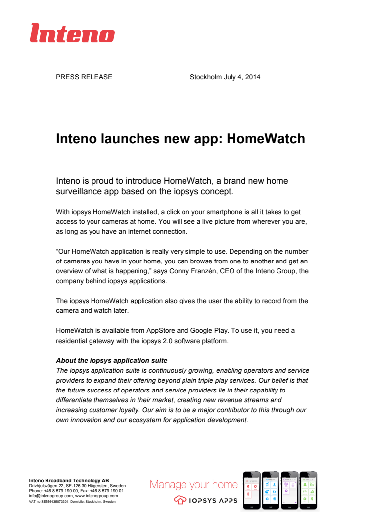 Inteno launches new app: HomeWatch