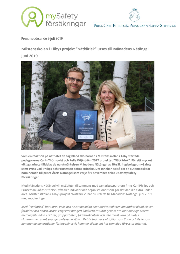 Milstensskolan i Täbys projekt ”Nätkärlek” utses till Månadens Nätängel juni 2019