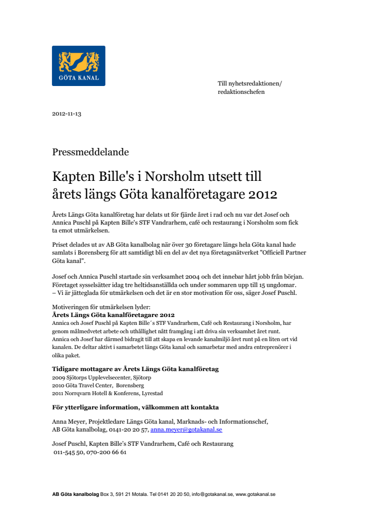 Kapten Bille's i Norsholm utsett till årets längs Göta kanalföretagare 2012