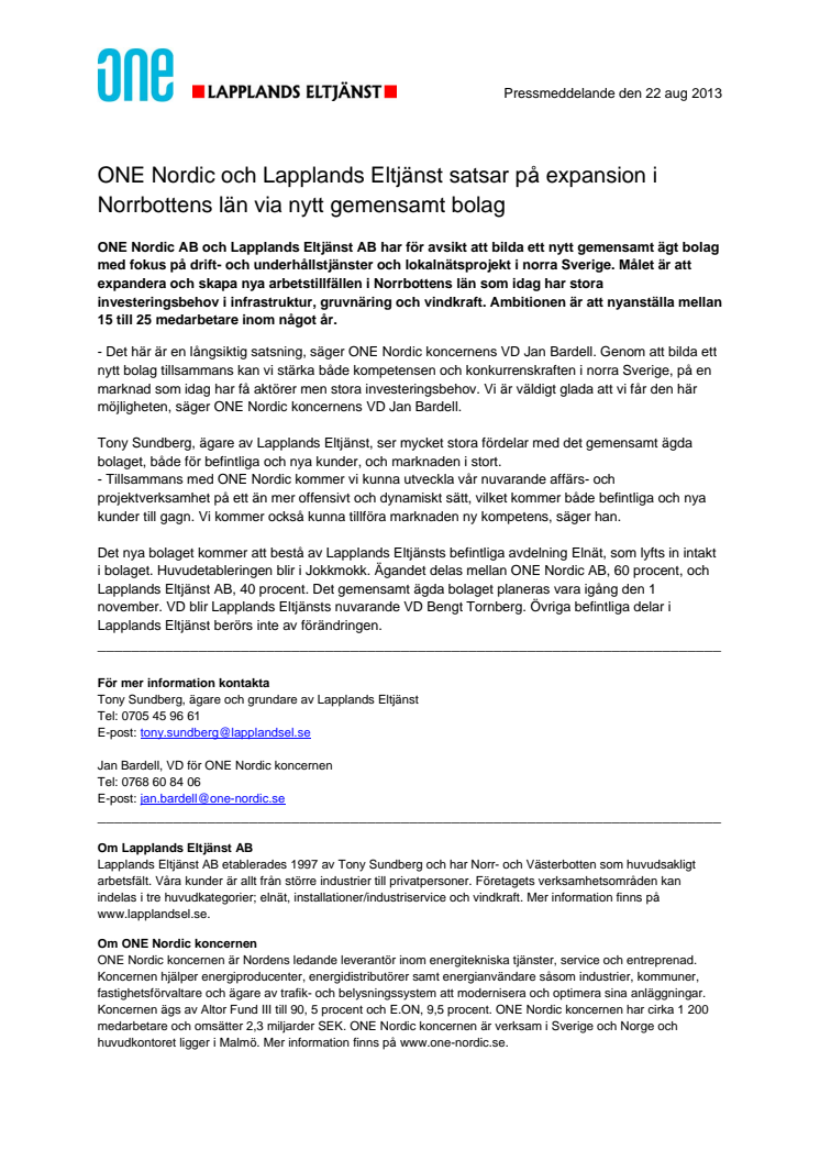 ONE Nordic och Lapplands Eltjänst satsar på expansion i Norrbottens län via nytt gemensamt bolag