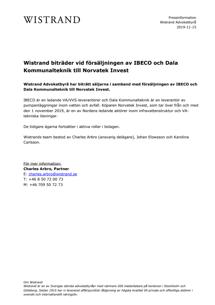 Wistrand biträder vid försäljningen av IBECO och Dala Kommunalteknik till Norvatek Invest