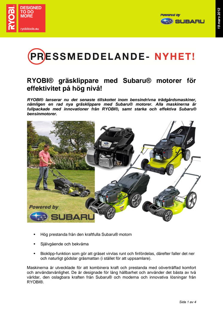 RYOBI® gräsklippare med Subaru® motorer för effektivitet på hög nivå!