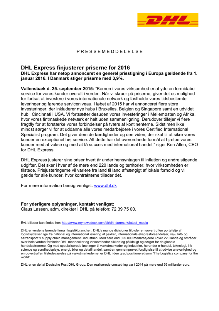 DHL Express finjusterer priserne for 2016