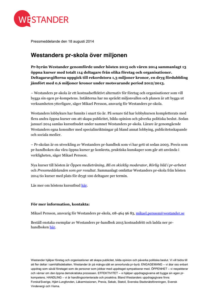 Westanders pr-skola över miljonen