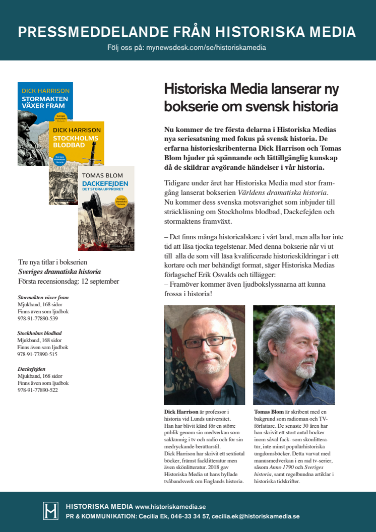 Historiska Media lanserar ny  bokserie om svensk historia