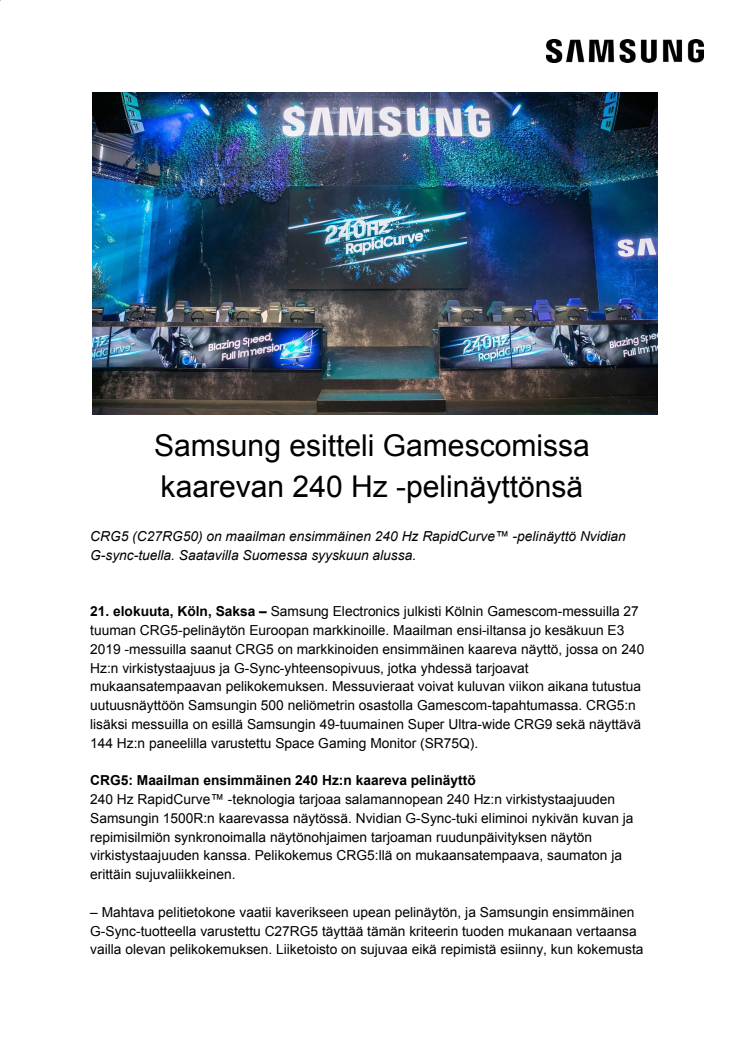 Samsung esitteli Gamescomissa kaarevan 240 Hz -pelinäyttönsä