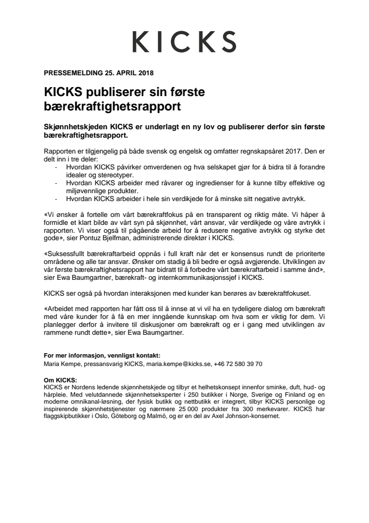 KICKS publiserer sin første bærekraftighetsrapport