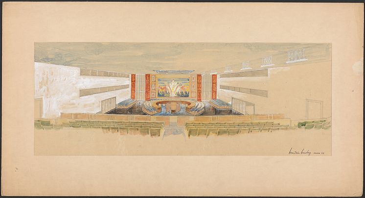 Utkast til innredning av Sikkerhetsrådets sal, 1949, arkitekt Arnstein Arneberg.