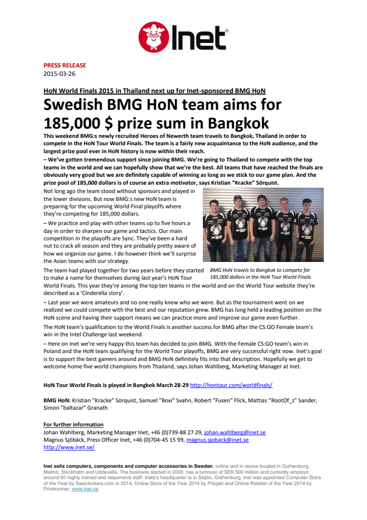 Swedish BMG HoN team aims for 185,000 $ prize sum in Bangkok