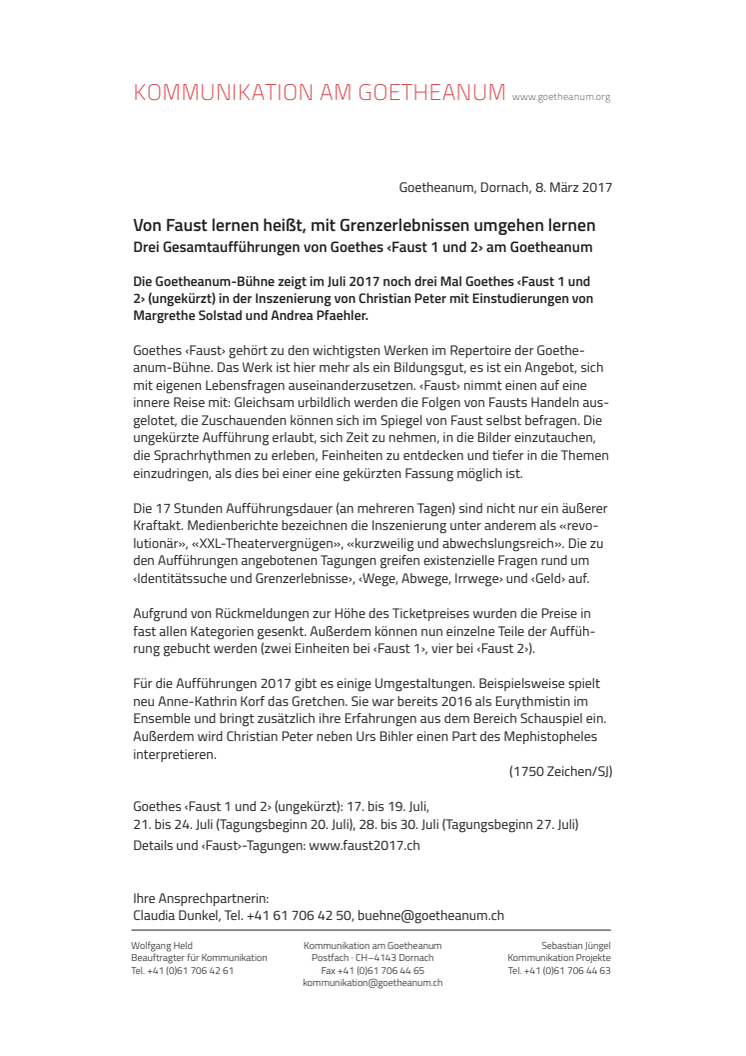 Von Faust lernen heißt, mit Grenzerlebnissen umgehen lernen. Drei Gesamtaufführungen von Goethes ‹Faust 1 und 2› am Goetheanum