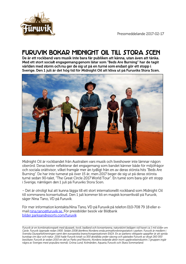 Furuvik bokar Midnight Oil till Stora Scen