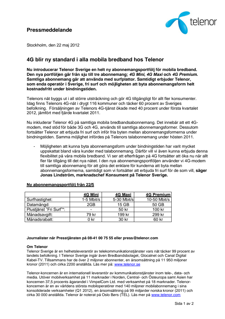 4G blir ny standard i alla mobila bredband hos Telenor