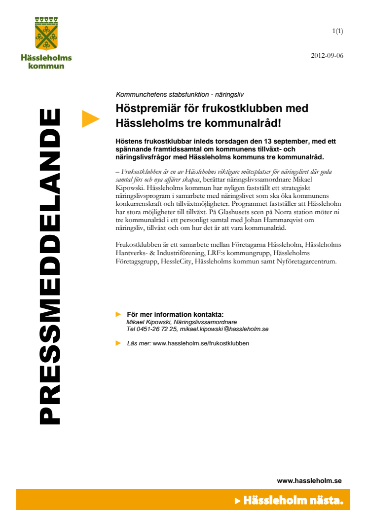 Höstpremiär för frukostklubben med Hässleholms tre kommunalråd