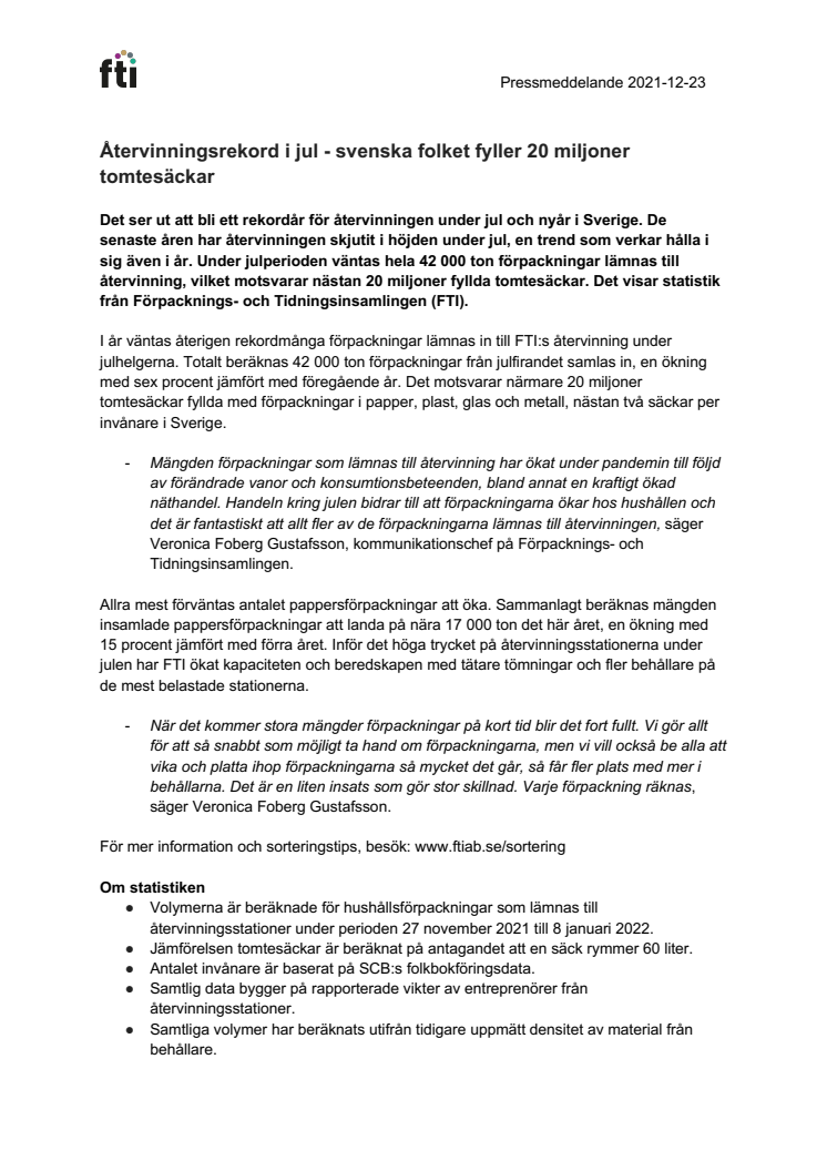 FTI pressmeddelande - Återvinningsrekord i jul - svenska folket fyller 20 miljoner tomtesäckar.pdf