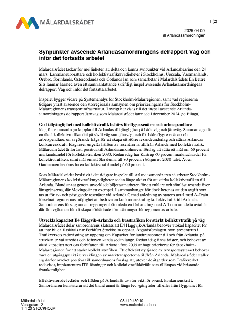 Mälardalsrådet_Synpunkter avseende Arlandasamordningens delrapport Väg och inför det fortsatta arbetet.pdf