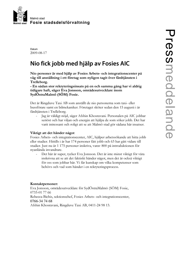 Nio fick jobb med hjälp av Fosie AIC