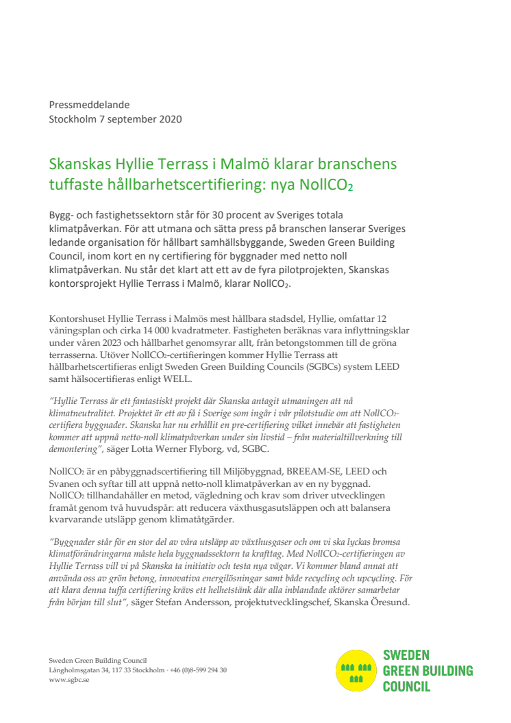 Skanskas Hyllie Terrass i Malmö klarar branschens tuffaste hållbarhetscertifiering: nya NollCO2 