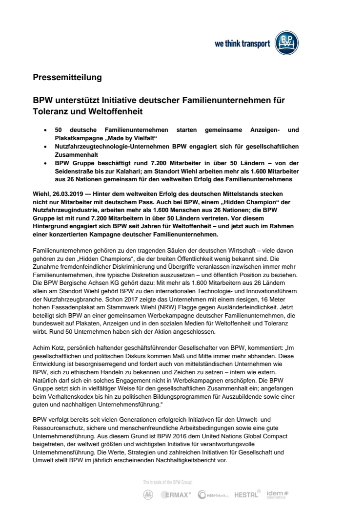 BPW unterstützt Initiative deutscher Familienunternehmen für Toleranz und Weltoffenheit