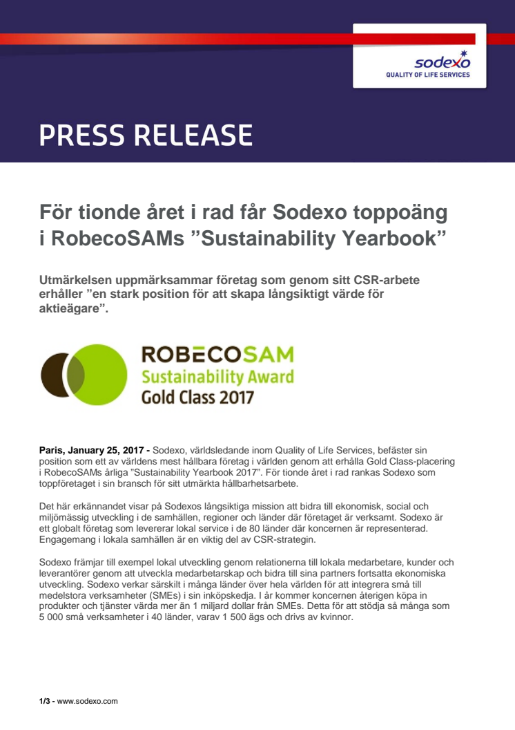 För tionde året i rad får Sodexo toppoäng i RobecoSAMs ”Sustainability Yearbook”