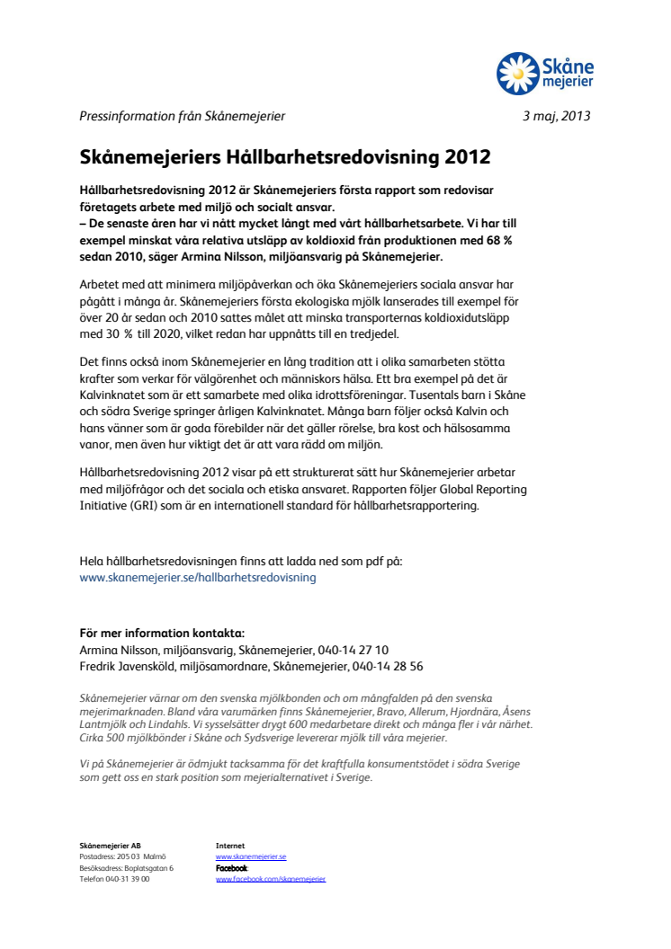 Skånemejeriers Hållbarhetsredovisning 2012