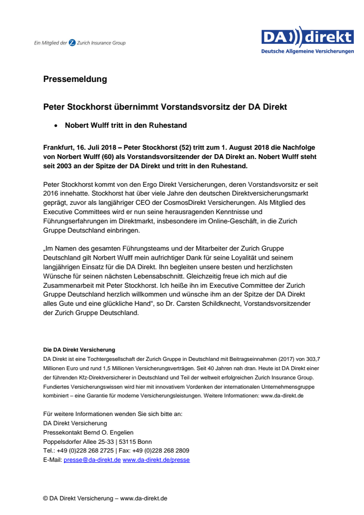 Peter Stockhorst übernimmt Vorstandsvorsitz der DA Direkt