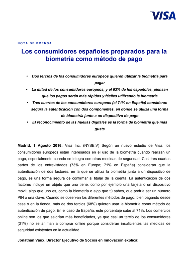 Los consumidores españoles preparados para la biometría como método de pago