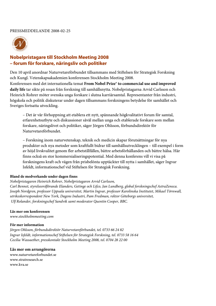Nobelpristagare till Stockholm Meeting 2008 – forum för forskare, näringsliv och politiker 