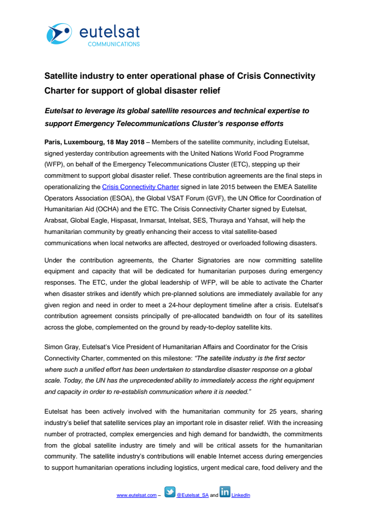 Satellite industry to enter operational phase of Crisis Connectivity Charter for support of global disaster relief