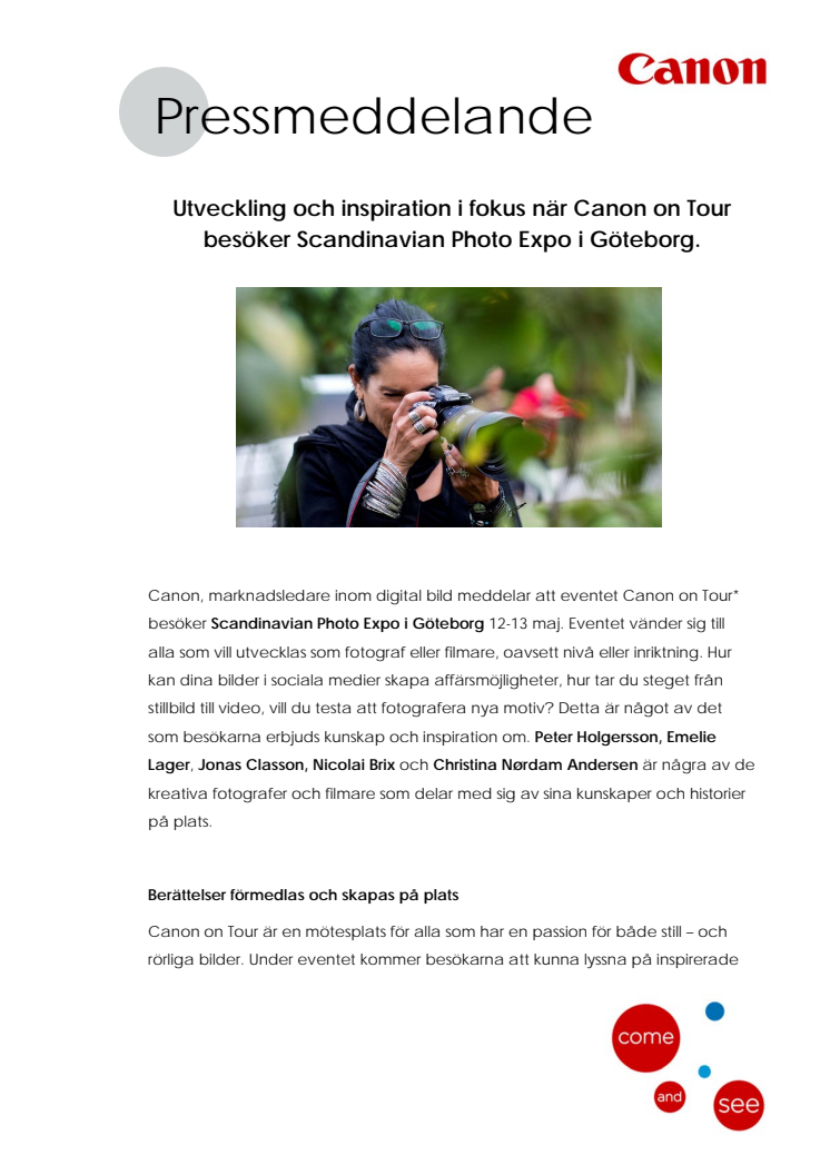 Utveckling och inspiration i fokus när Canon on Tour besöker Scandinavian Photo Expo i Göteborg.