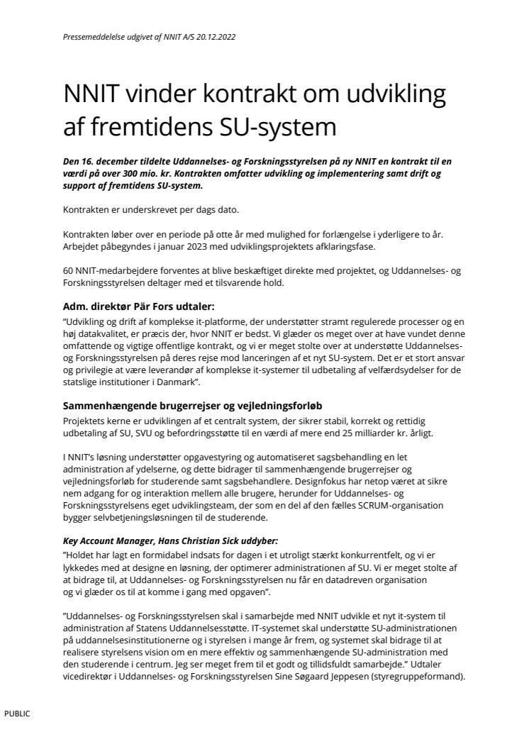 NNIT vinder kontrakt om udvikling af fremtidens SU-system 20-12-2022 (Danish Translation)