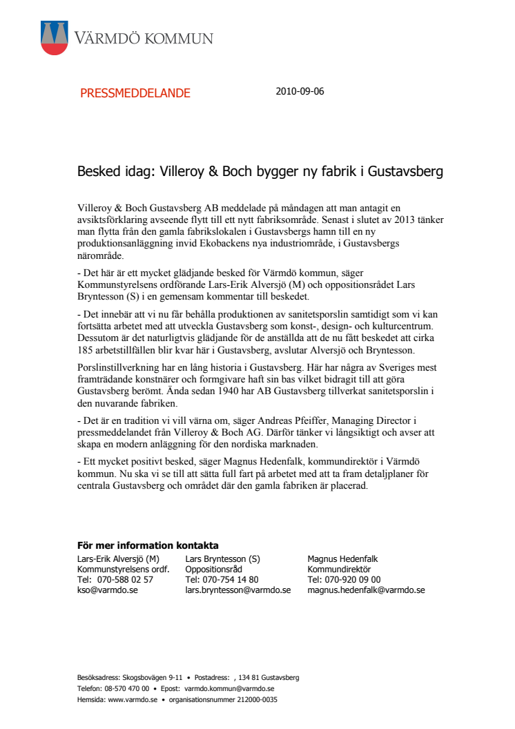 Besked idag: Villeroy & Boch bygger ny fabrik i Gustavsberg